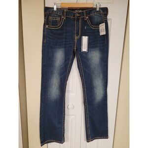 True Luck Jeans Men Classic Bootcut Dark Stone Stretch Denim 32X32 Green/Orange